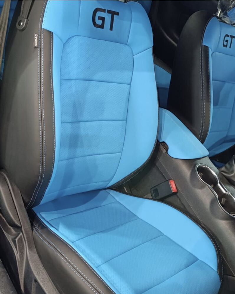 Ford Mustang GT seat in blue and black perforated leather with embroidered GT logo
